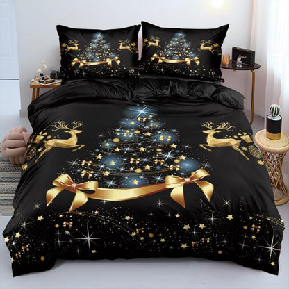 Weihnachts Bettwäsche Set 135x200 - Schwarz Gold Blau 4-teilig