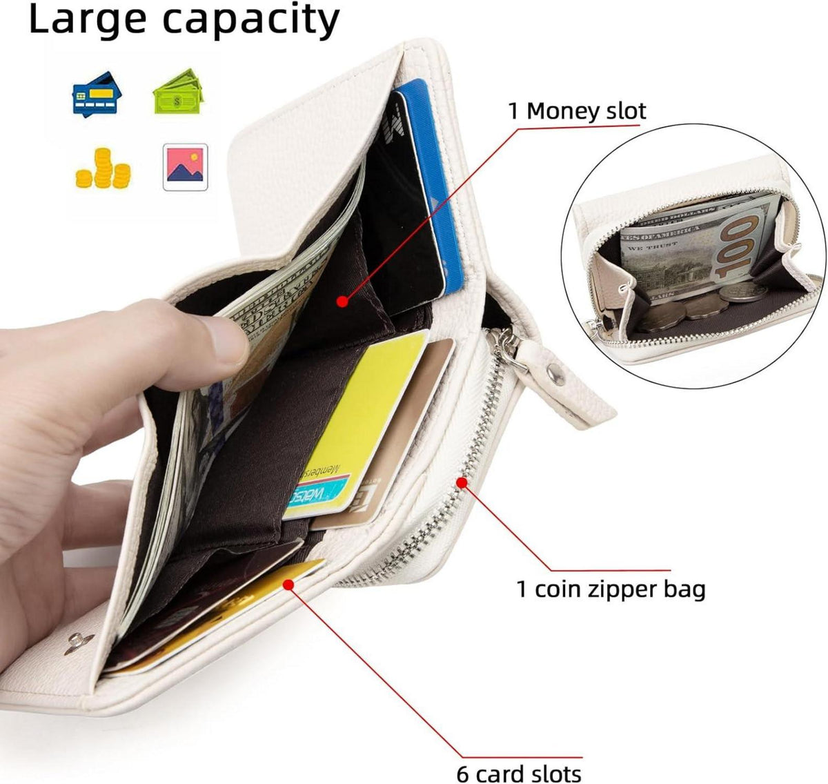 CHAOFANXI Damen Geldbörse Trifold Leder Weiß 6 Kartenfächer