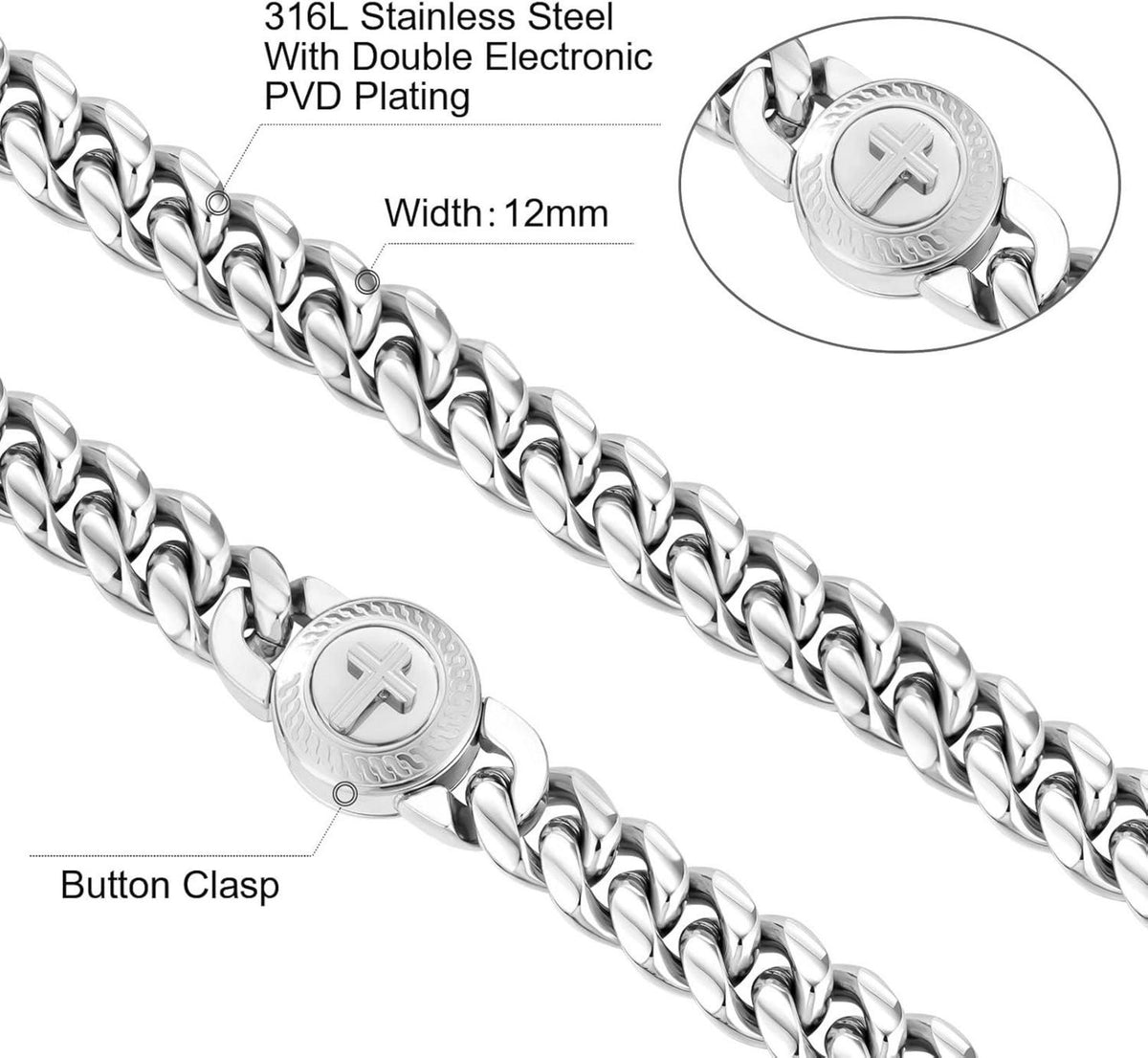 KRKC&CO Herren Armband Löwe/Totenkopf Verschluss 18K Gold beschichtet Cuban Armband 20.3cm Silber