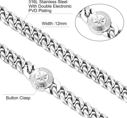 Herren Panzerkette 12mm Cuban Link Chain, 18K Gold plattiert, Kompass Verschluss, 55.9cm Silber