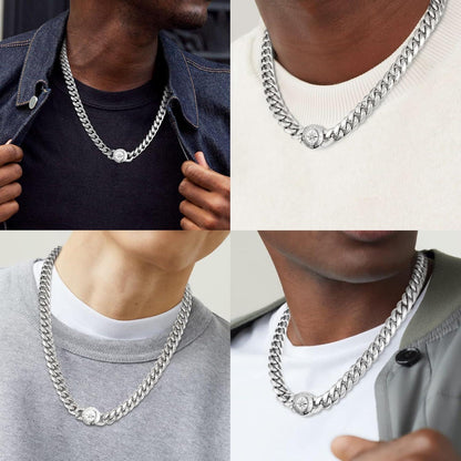 Herren Panzerkette 12mm Cuban Link Chain, 18K Gold plattiert, Kompass Verschluss, 55.9cm Silber