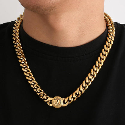 Herren Panzerkette mit Totenkopf Verschluss, 18K Gold Cuban