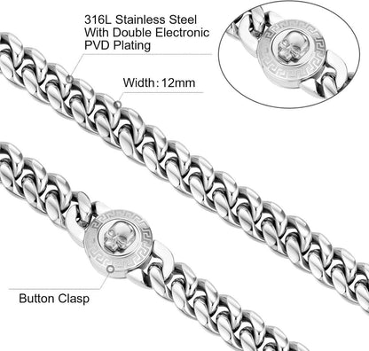 12mm Herren Panzerkette mit Totenkopf-Verschluss, 18K Gold plattiert, Cuban Link Chain, Edelstahl, 55.9cm