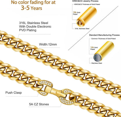 KRKC&CO Panzerkette Herren 12mm Gold Cuban Link Chain 55.9cm Iced Out Verschluss