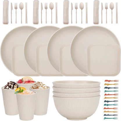 48-teiliges Camping Geschirr Set für 4 Personen, Unzerbrechlich, Beige
