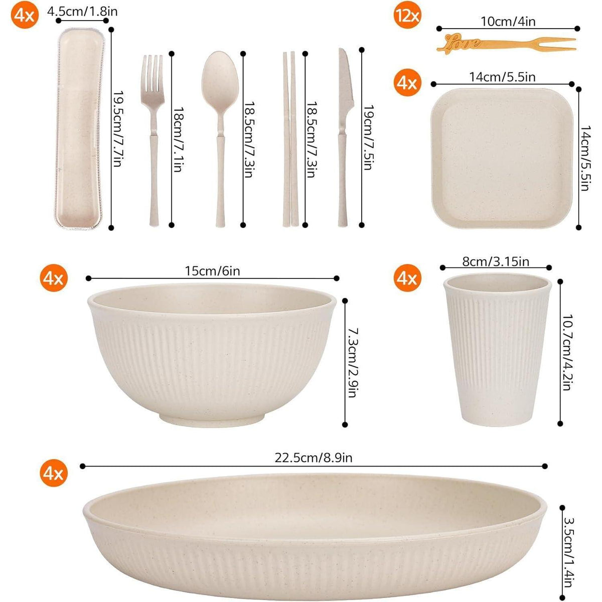 48-teiliges Camping Geschirr Set für 4 Personen, Unzerbrechlich, Beige