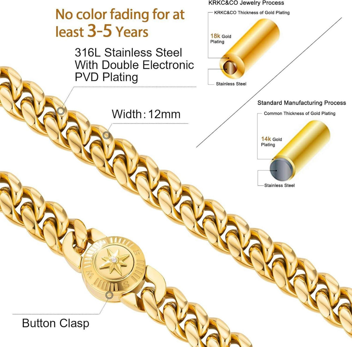 Herren Armband mit Löwe Kopf Verschluss 18K Gold beschichtet Cuban Panzerarmband 21.6 cm Gold