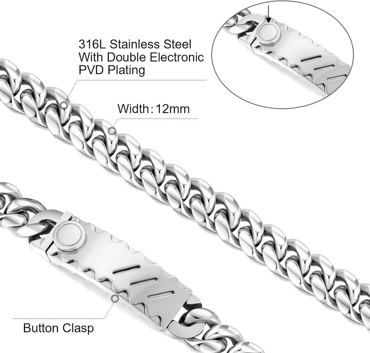 Herren Armband mit Löwenkopf Verschluss 12mm Gold beschichtet Cuban Link 21.6cm Silber