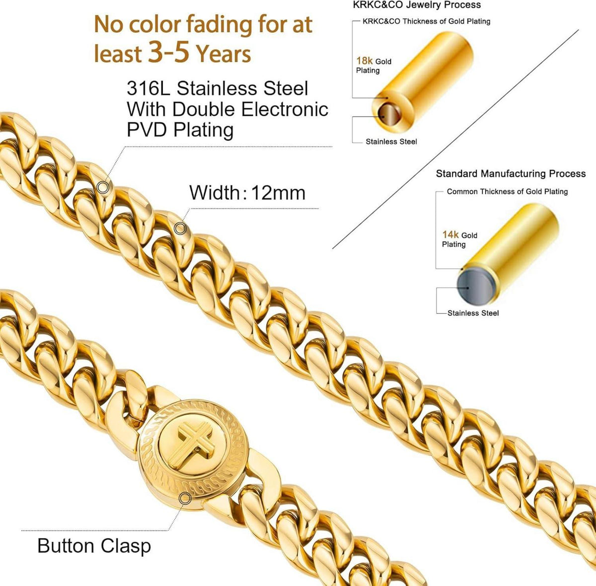 Herren Panzerkette mit Löwe Totenkopf Verschluss 18K Gold Cuban Link Chain 55.9cm Kreuz Gold