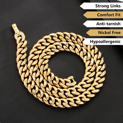 Panzerkette 12mm 18K Gold Cuban Link Chain Edelstahl Hip Hop Kette