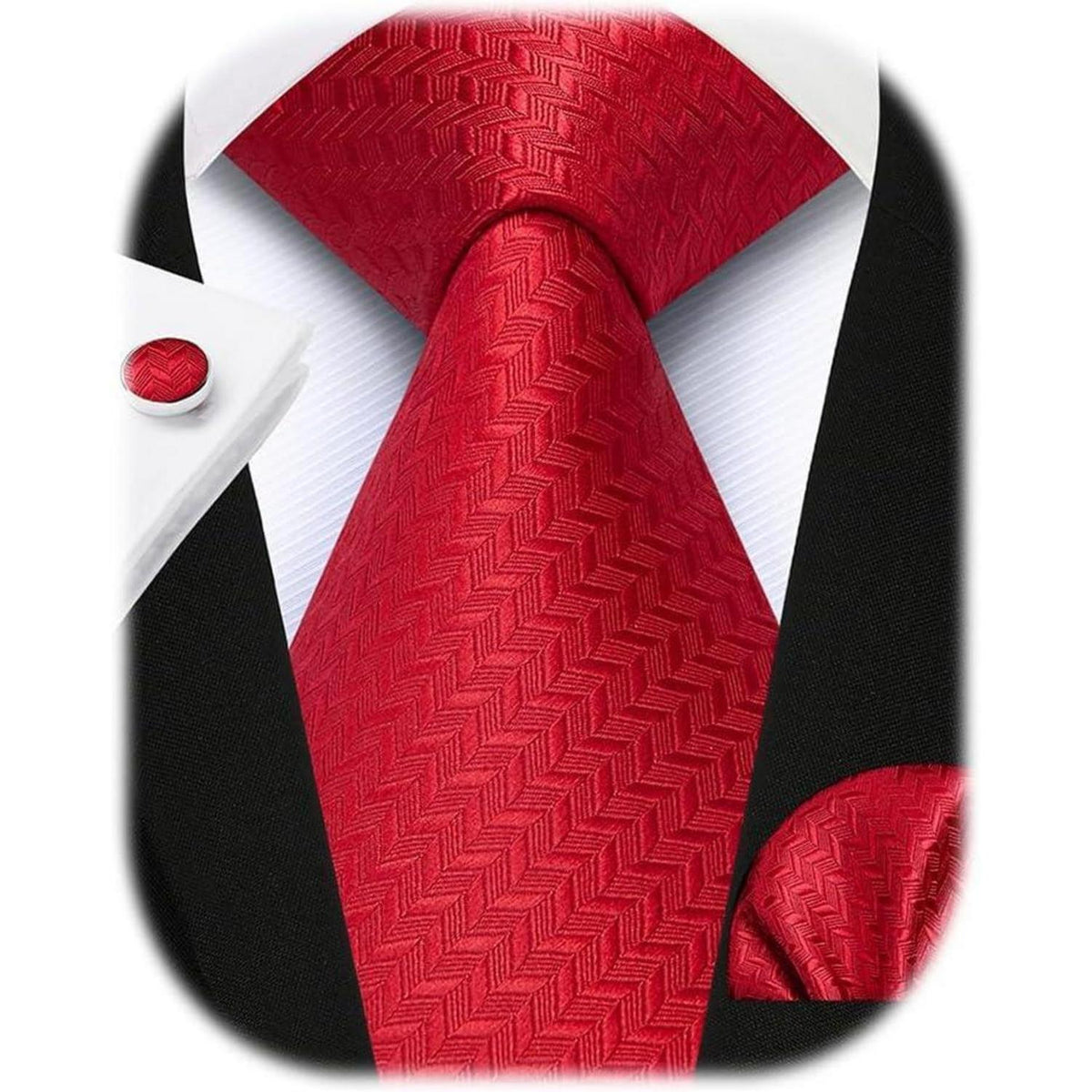 Herren Krawatten-Set mit Einstecktuch und Manschettenknöpfen – Seide Paisley Rot
