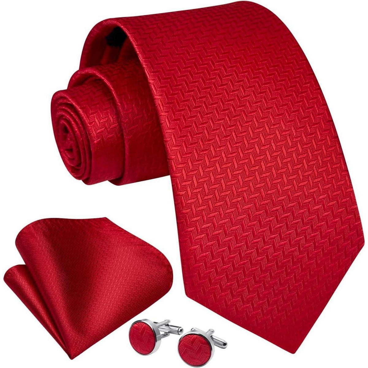Herren Krawatten-Set mit Einstecktuch und Manschettenknöpfen – Seide Paisley Rot