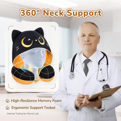 Reise-Nackenkissen Katzenkapuze Memory Foam verstellbar Schwarz