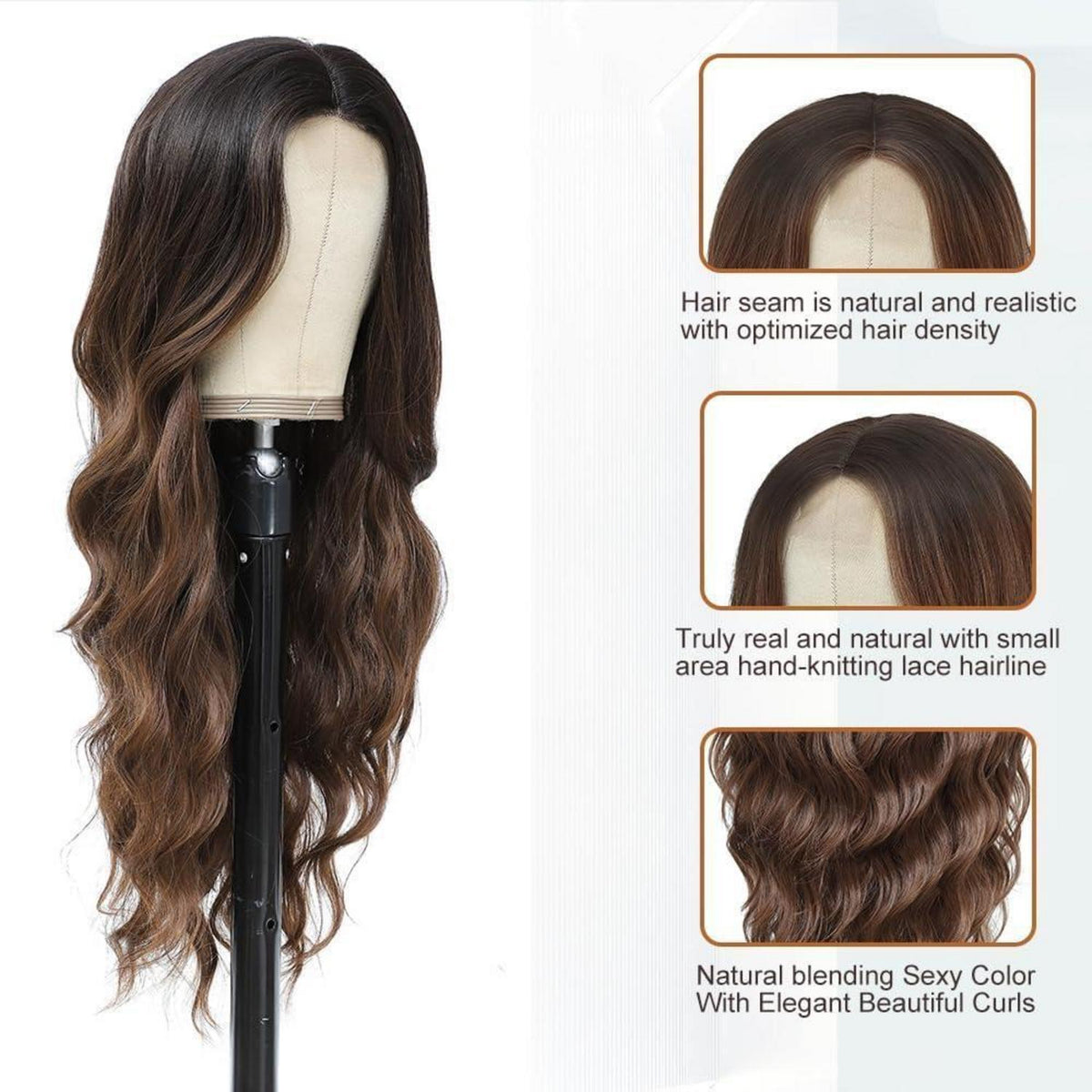 Lange Wellige Braun Ombre Perücke 66cm – Synthetisch & Hitzebeständig