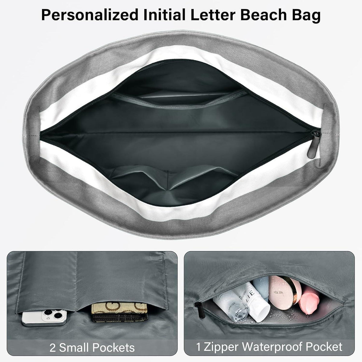 XXL Strandtasche Damen mit Reißverschluss, wasserdicht, hellgrau