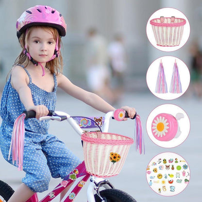 Kinder Fahrradkorb vorne geflochten mit Quasten & Klingel Rosa