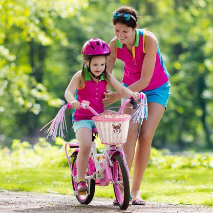 Kinder Fahrradkorb vorne geflochten mit Quasten & Klingel Rosa