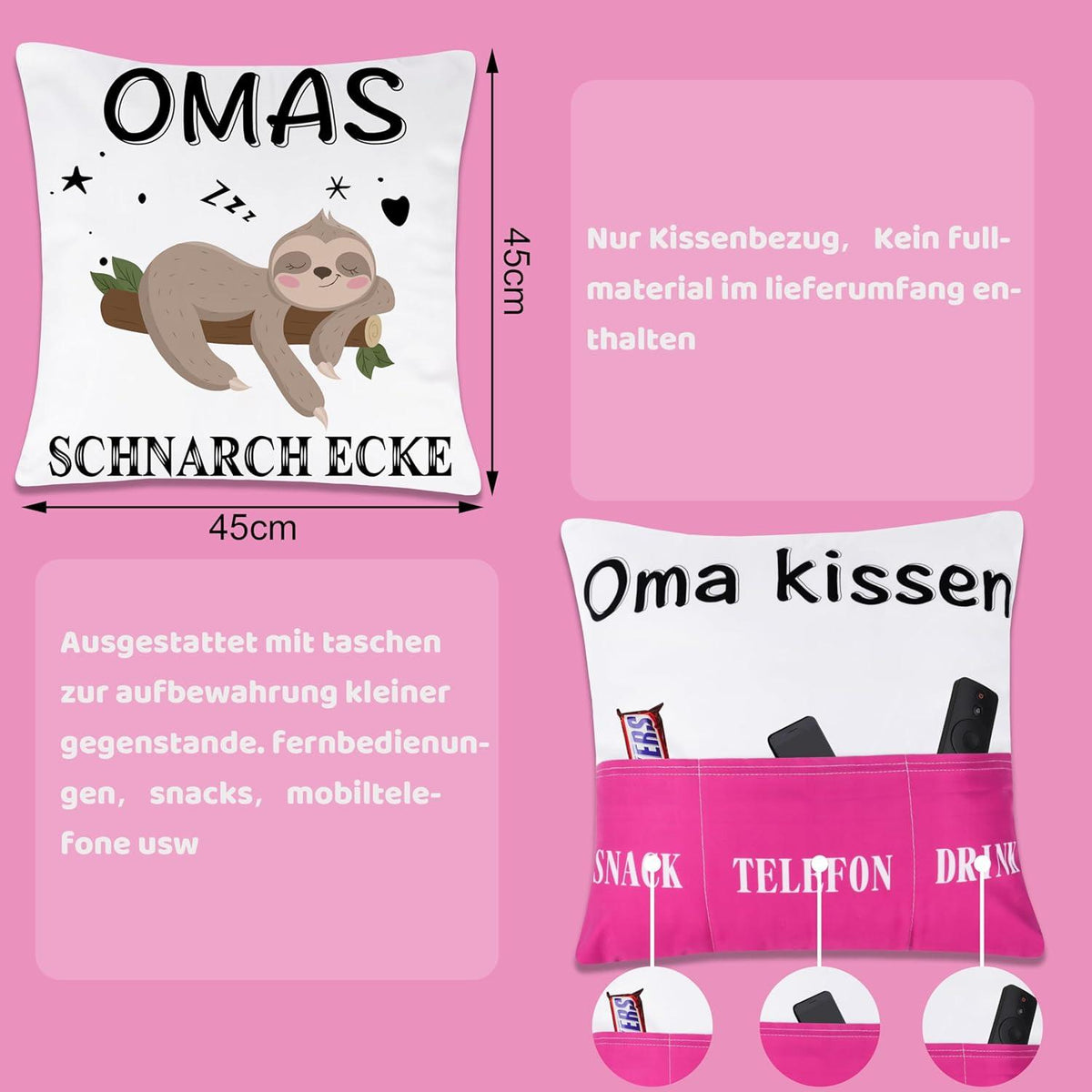 Oma Geschenk Kissenbezug 45x45 mit 3 Taschen - Weiches
