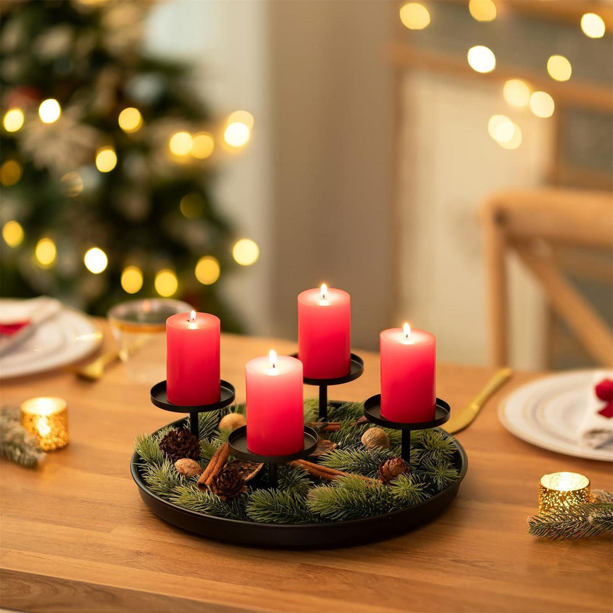 Moderner Adventskranz Metall Schwarz 30cm Rund Tablett