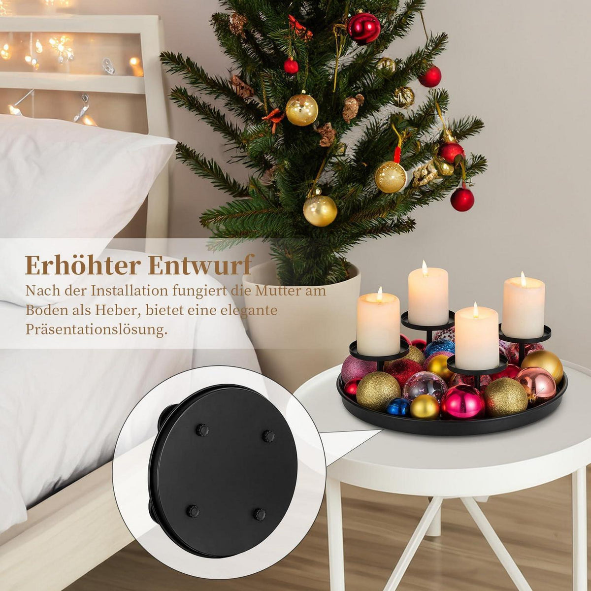 Moderner Adventskranz Metall Schwarz 30cm Rund Tablett