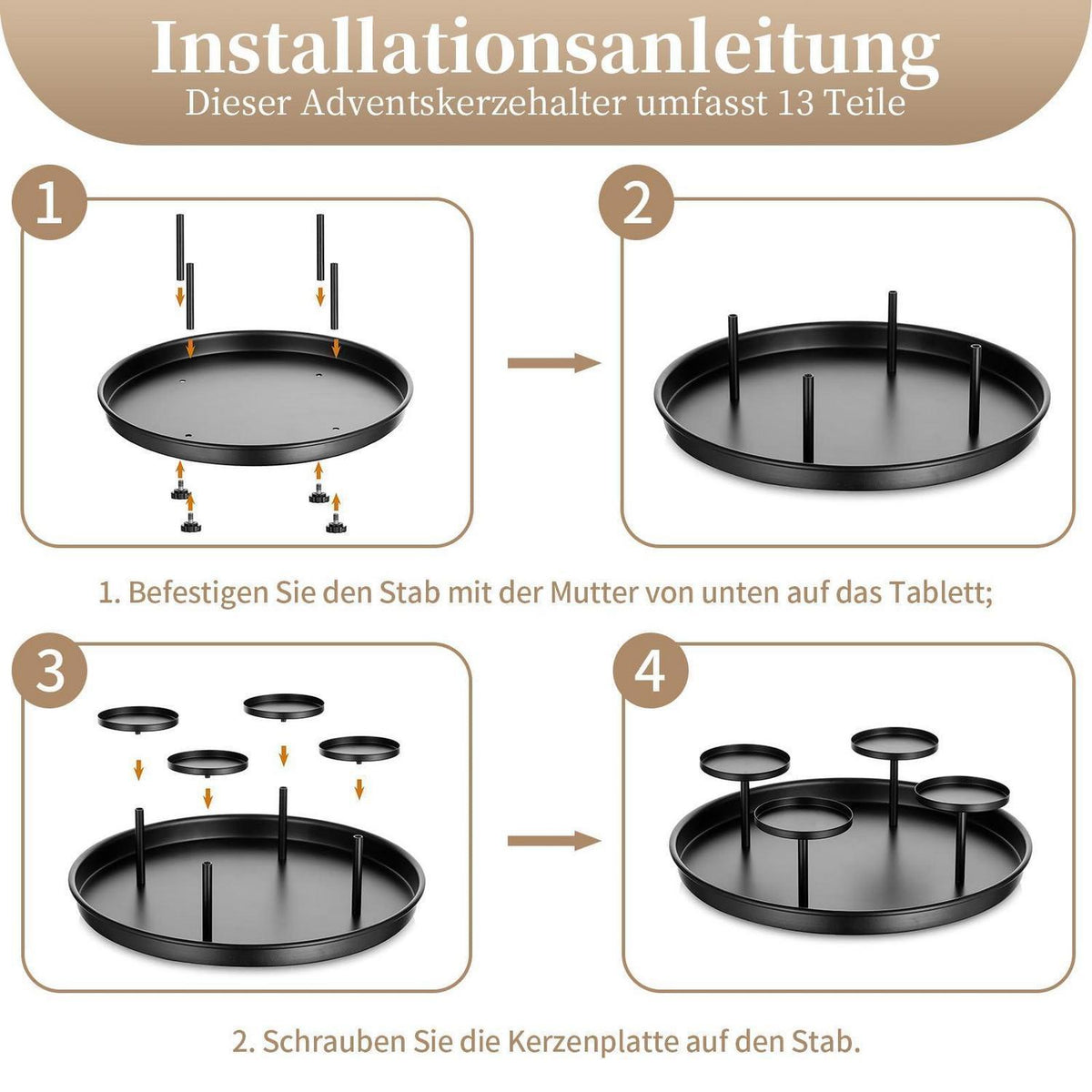 Moderner Adventskranz Metall Schwarz 30cm Rund Tablett