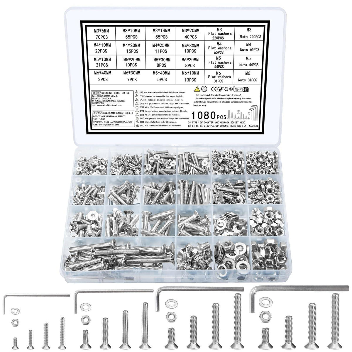 1080-teiliges Schrauben- und Muttern-Set M3-M6 mit Unterlegscheiben