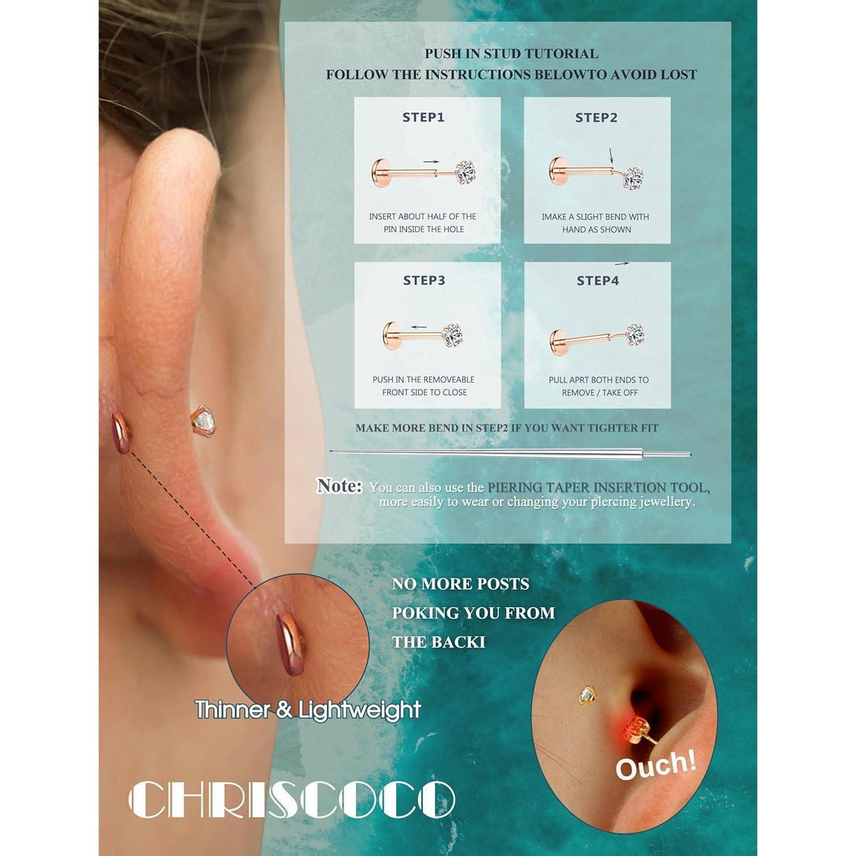 Titan Labret Piercing mit CZ, Roségold, 3er Set