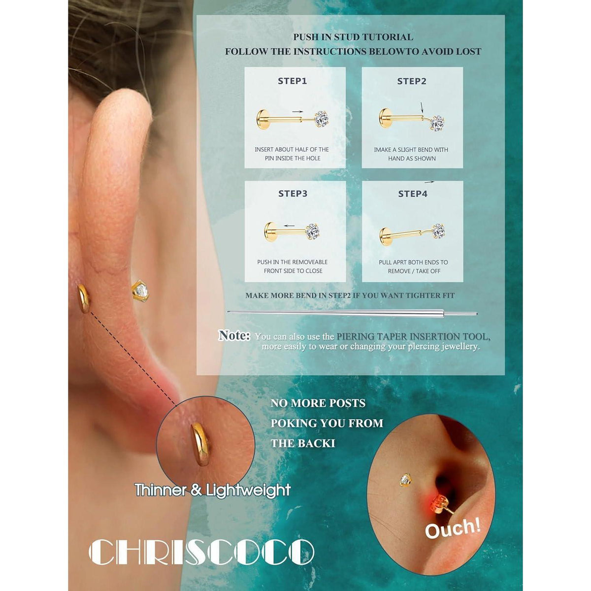 G23 Titan Labret Piercing mit CZ, 3er Set, 16G/18G/20G