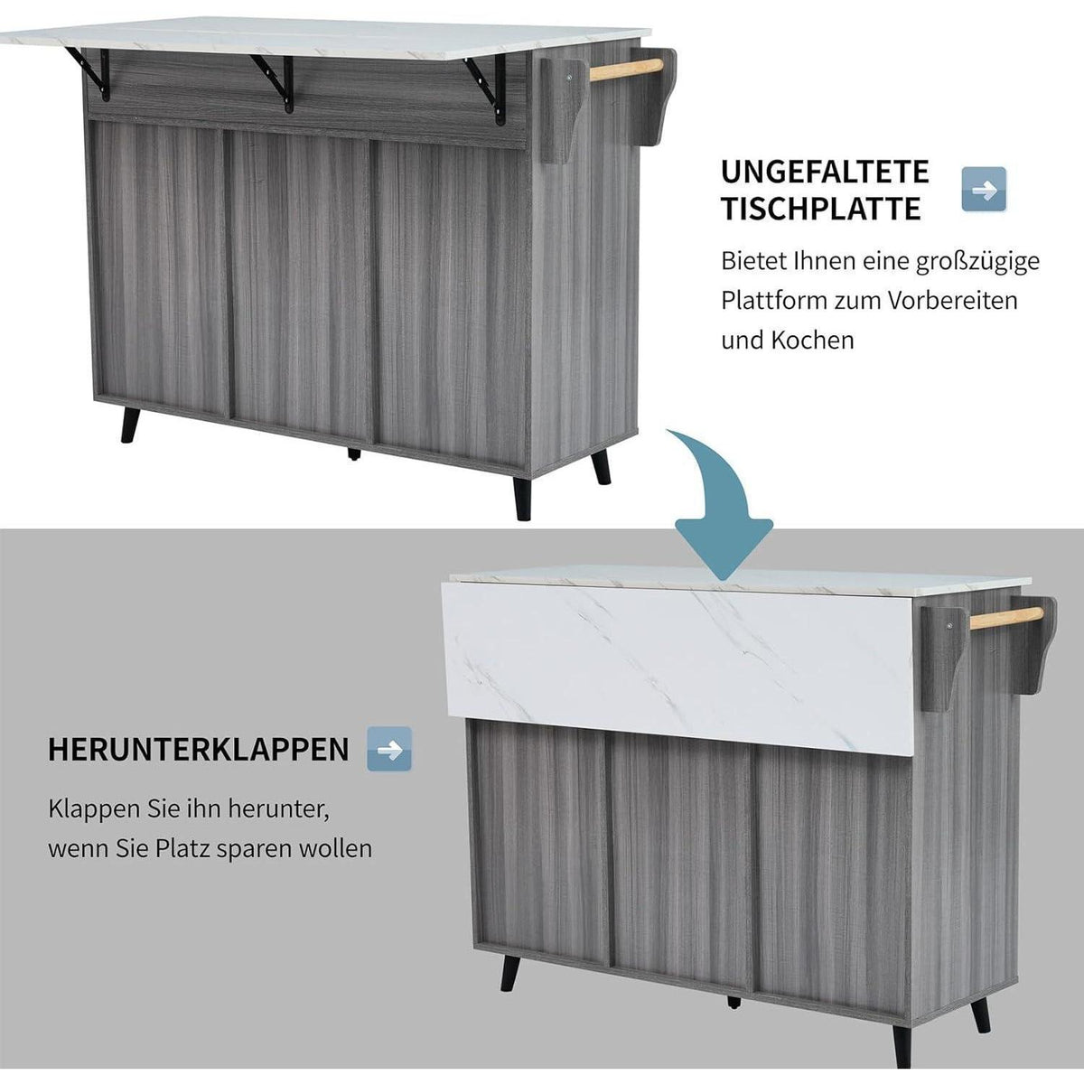 Freistehende Kücheninsel mit Klappplatte & Rollen – Gray