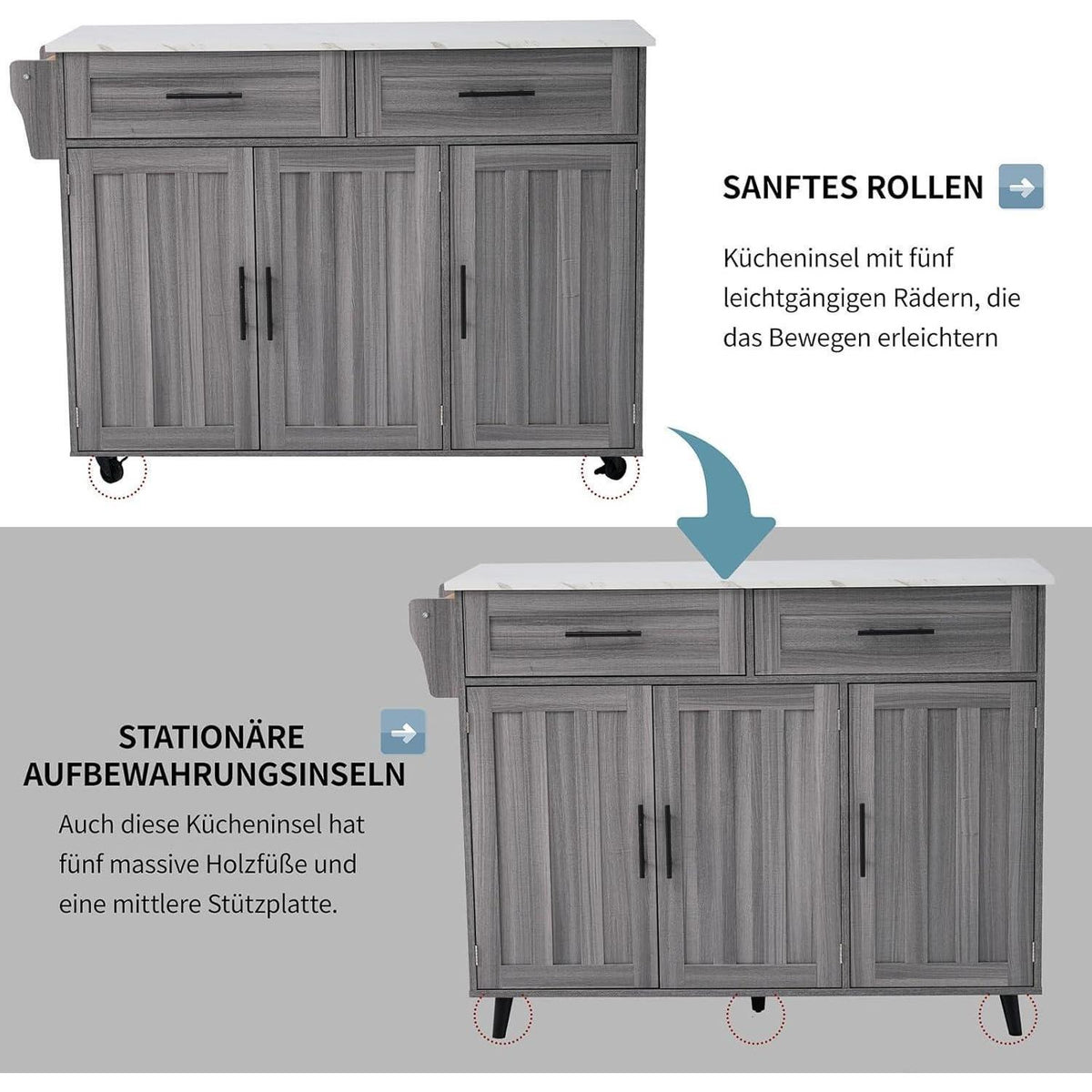 Freistehende Kücheninsel mit Klappplatte & Rollen – Gray