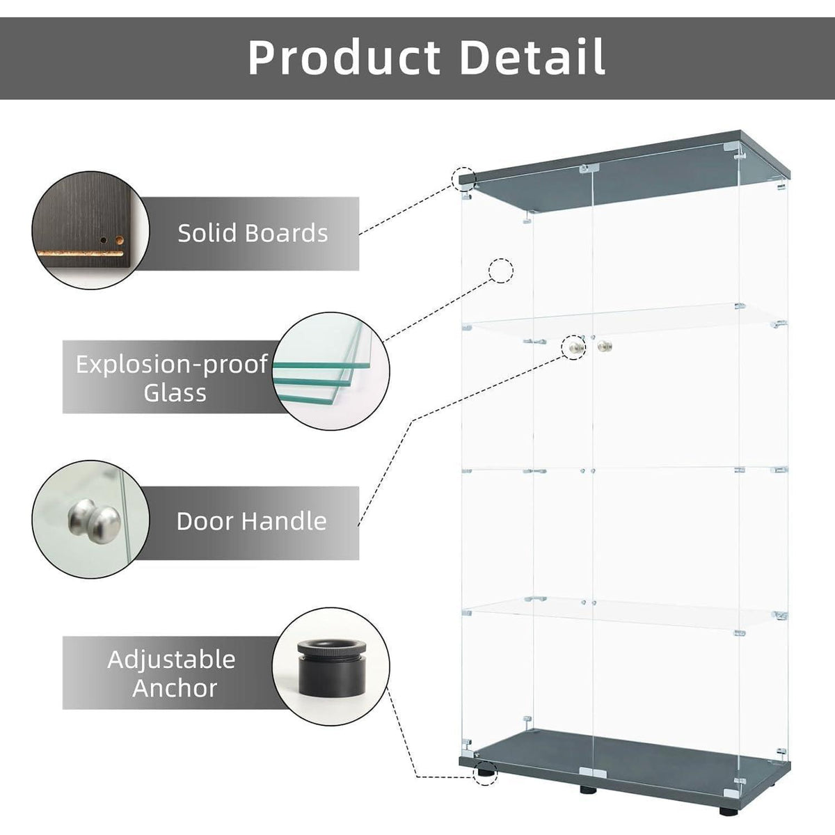 Glasvitrine 164 cm | 4 Etagen, 2 Türen & Schloss | Modern & Stehend