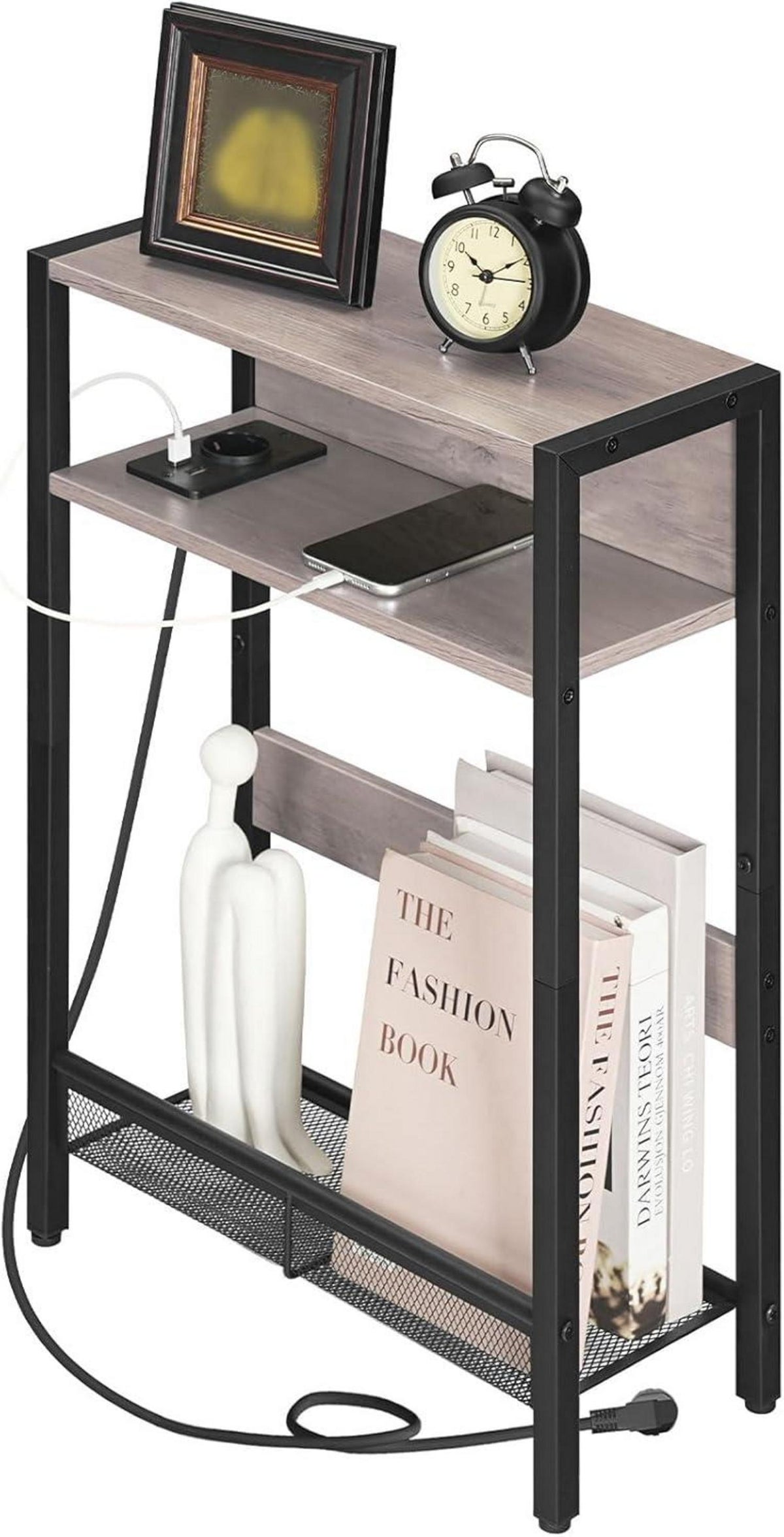 Beistelltisch mit Ladestation und Metallregal Greige/Schwarz