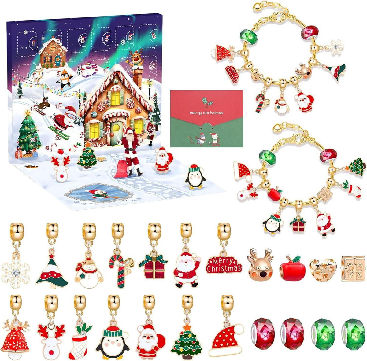 Adventskalender 2024 Kinder Mädchen goldfarbene Schmuckfüllung