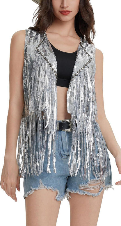 Ärmellose Pailletten Tassel Glitzer Weste Offen Fransenjacke Hippie