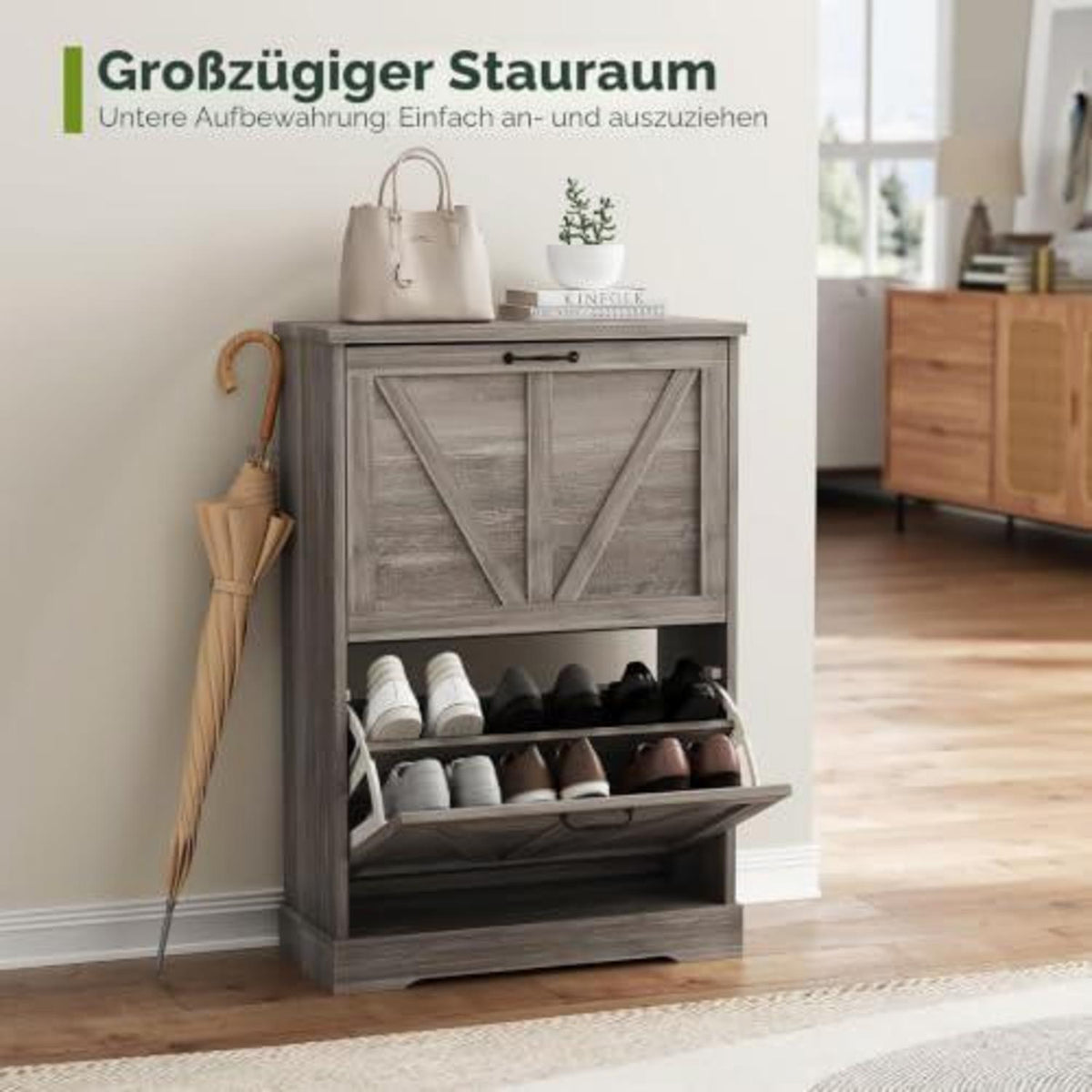 Schmaler Schuhschrank mit Klappschubladen – Bauernhausstil Grau