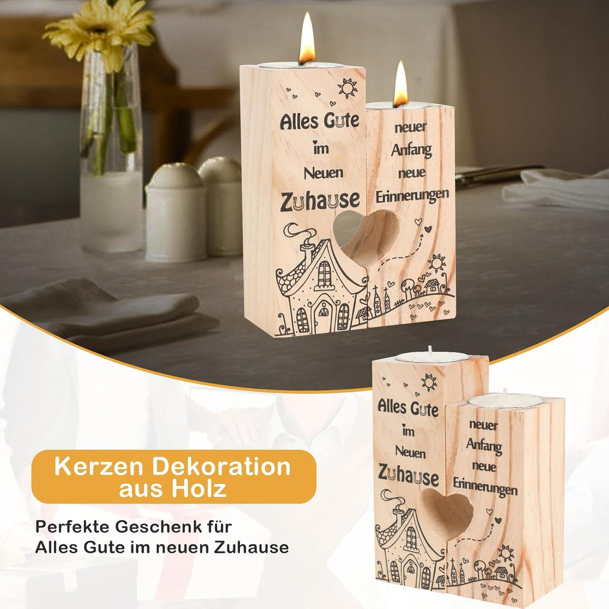 Einzugsgeschenk: Seutgjie Holz Kerzenständer Set Herzen 12cm & 10cm