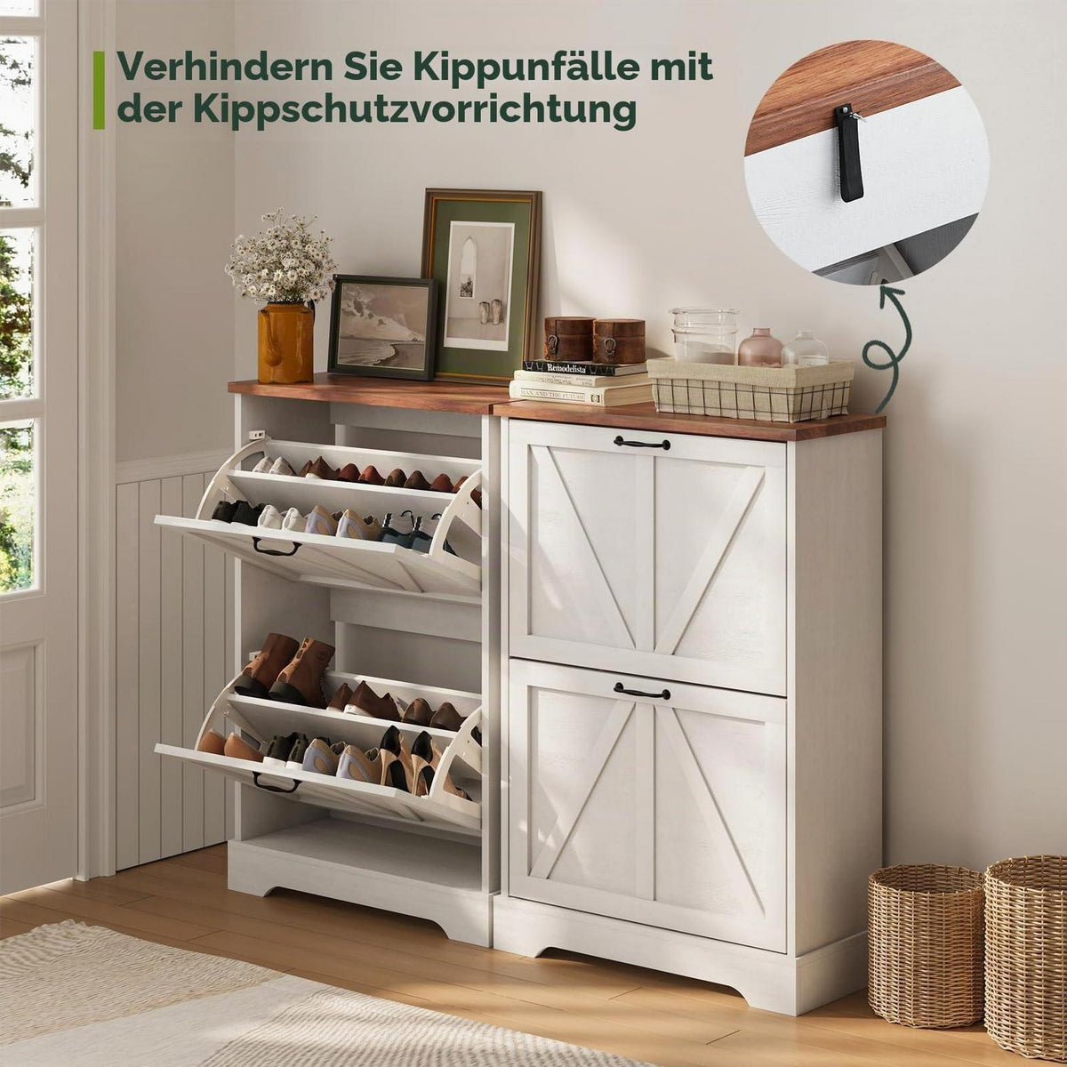 Schmaler Schuhschrank mit Klappschubladen – Weißer Bauernhaus-Stil