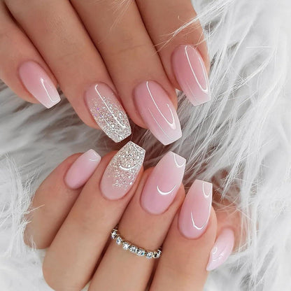 24er Set Press-On-Nägel Pink Glitter Quadrat French