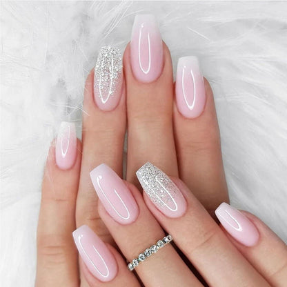 24er Set Press-On-Nägel Pink Glitter Quadrat French