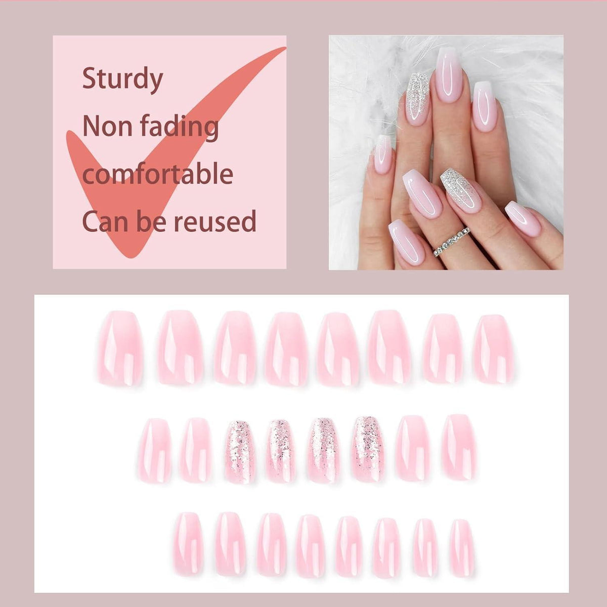 24er Set Press-On-Nägel Pink Glitter Quadrat French