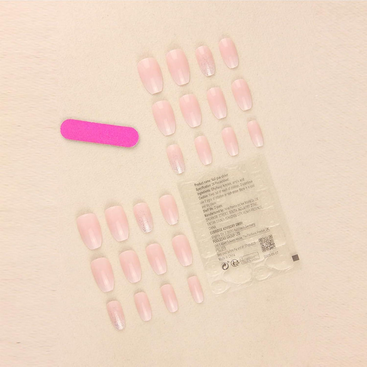 24er Set Press-On-Nägel Pink Glitter Quadrat French