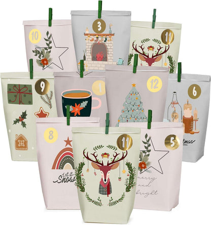 Adventskalender Papiertüten Weihnachtsmotiven Zahlenaufkleber Hygge