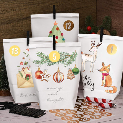 Adventskalender Papiertüten Aquarell Motiv 24 Stück zum