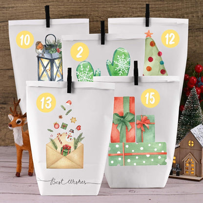 Adventskalender Papiertüten Aquarell Motiv 24 Stück zum