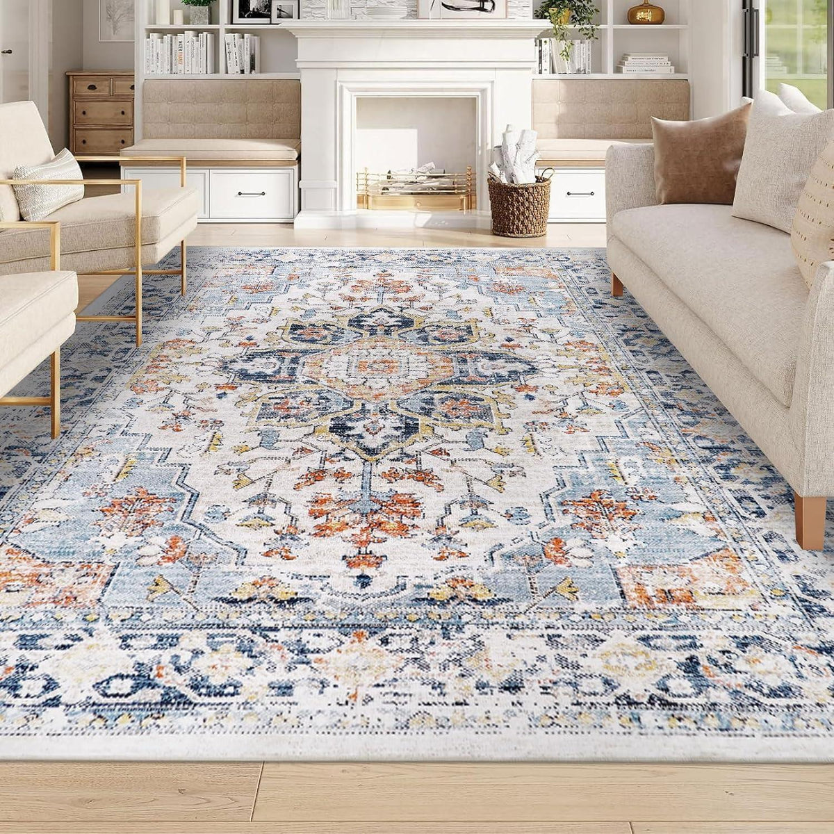 Vintage Boho Teppich 200x300cm - Waschbarer Wohnzimmerteppich Blau