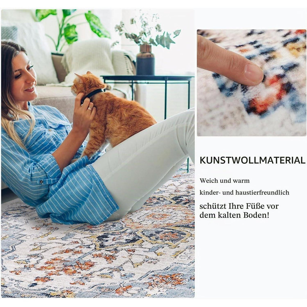 Vintage Boho Teppich 200x300cm - Waschbarer Wohnzimmerteppich Blau