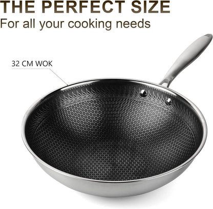 32cm Edelstahl Wok mit Deckel und Antihaftbeschichtung