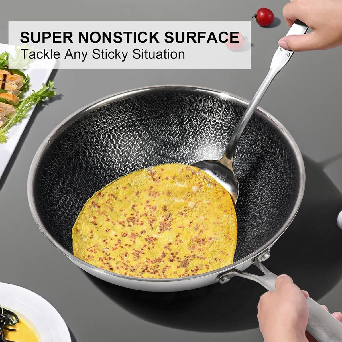 Edelstahl Wok 32cm mit Deckel, Antihaftbeschichtung, Induktion Gas Backofenfest