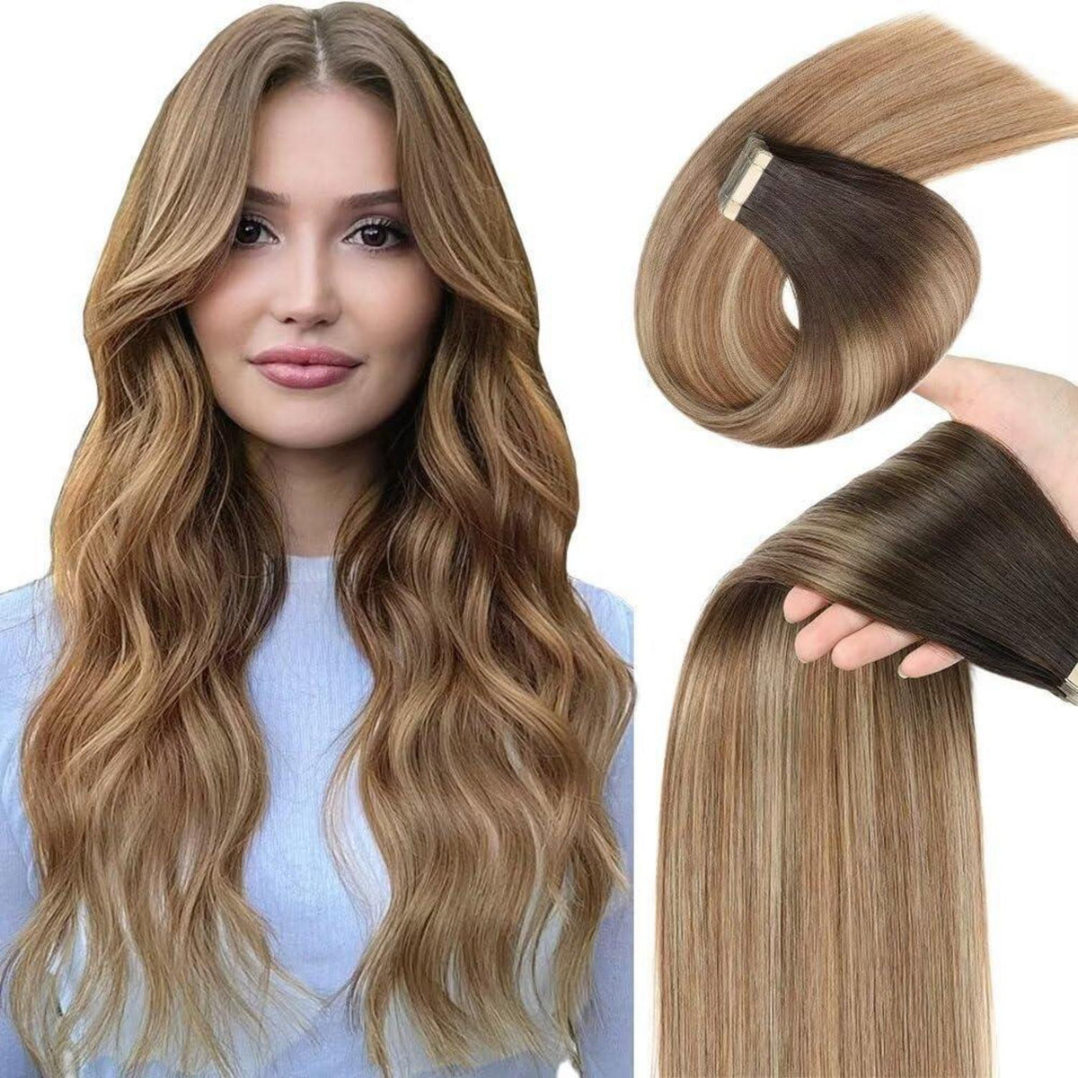 Echthaar Tape Extensions Goldbraun Balayage 50cm