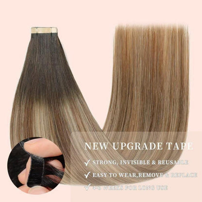 Echthaar Tape Extensions Goldbraun Balayage 50cm